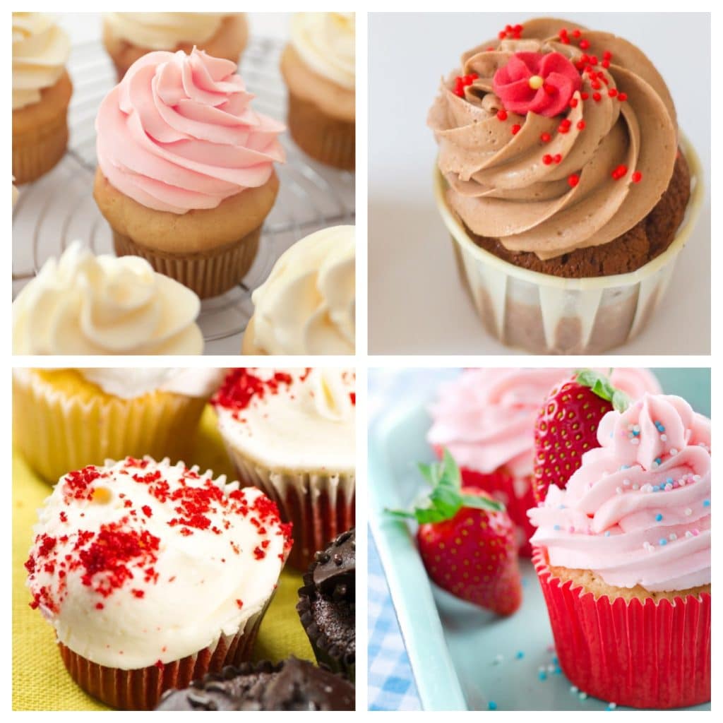 Vanilla, strawberry, and chocolate cupcakes. 