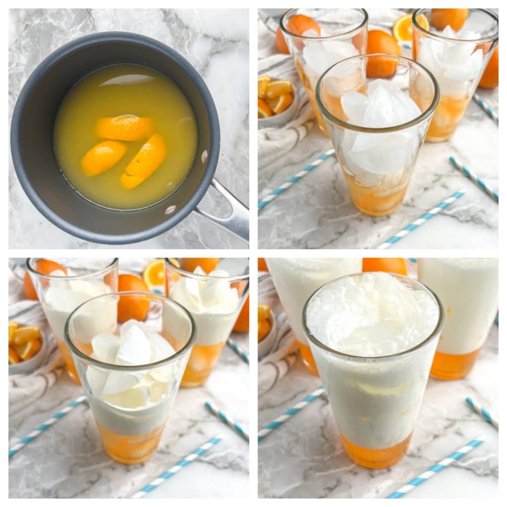 Pot with orange peels and water, glass with orange juice and cream. 
