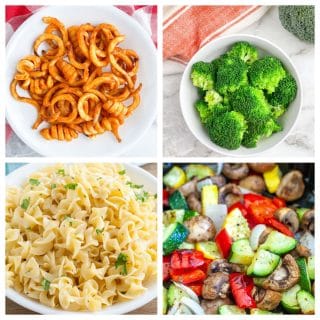 Curly fries, broccoli, noodles, vegetables.