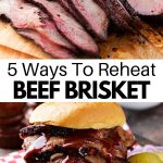 Sliced brisket on board and on sandwich.