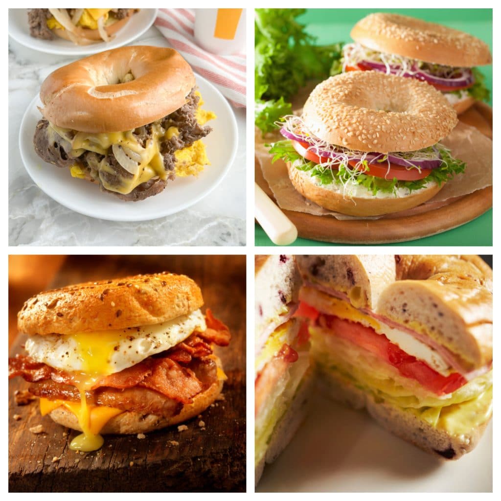 Four different bagel sandwiches