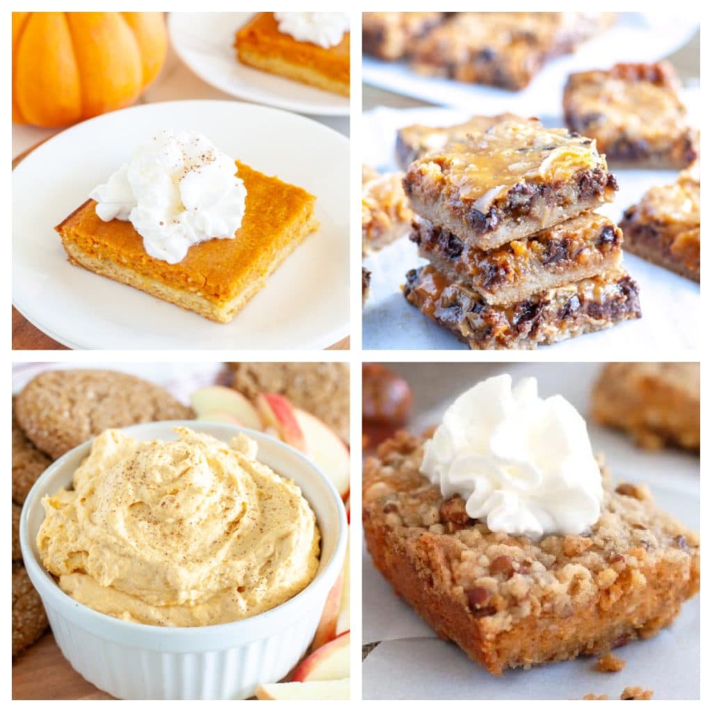 Piece of pumpkin cake, pumpkin bars, bowl of pumpkin dip. 