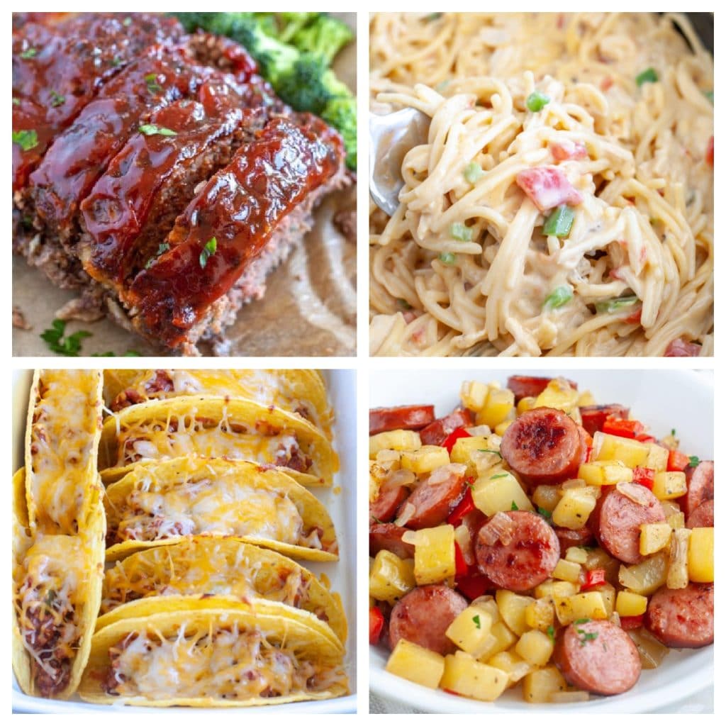 Meatloaf, tacos, spaghetti, and sausage with potatoes. 