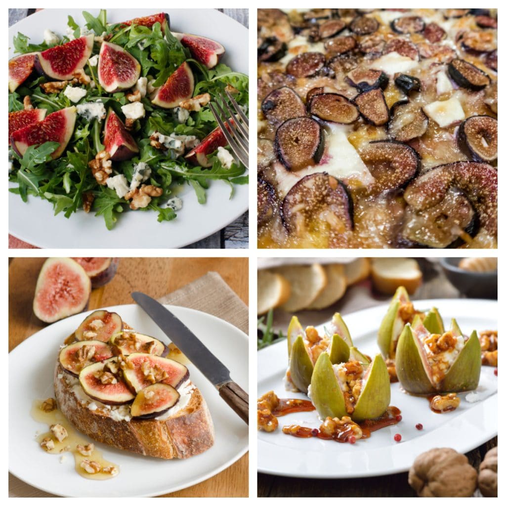 Fig salad, fig pizza, fig toast, and stuffed figs on a plate. 