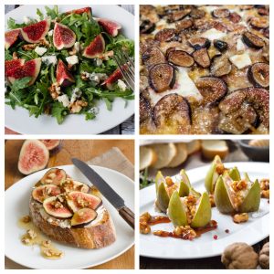 Fig salad, fig pizza, fig toast, and stuffed figs on a plate.