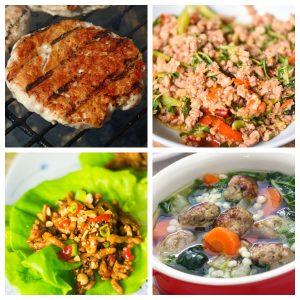 Chicken burger on grill, chicken lettuce wrap, and Italian wedding soup.