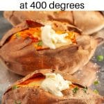 Two baked sweet potatoes topped with butter.