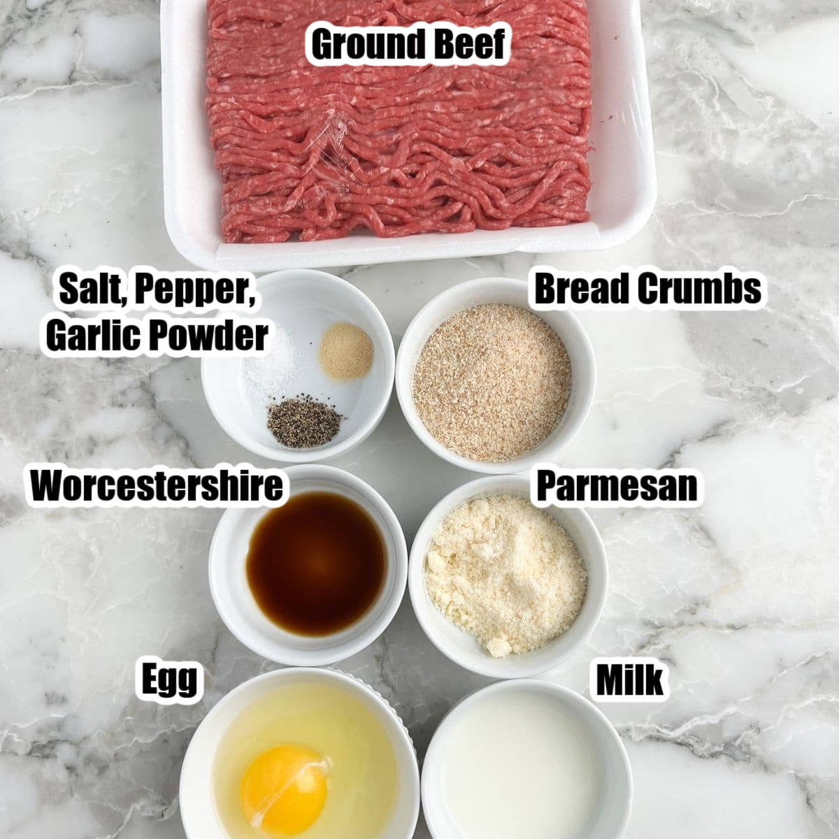 The Perfect Timing for Baked Meatballs 2 A collection of meatball ingredients including ground beef, bread crumbs, egg, cheese, spices, and milk.