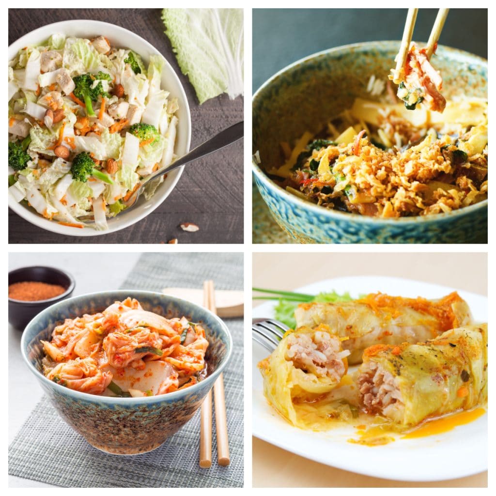 Bowl of salad, kimchi, stir fry, and cabbage rolls.