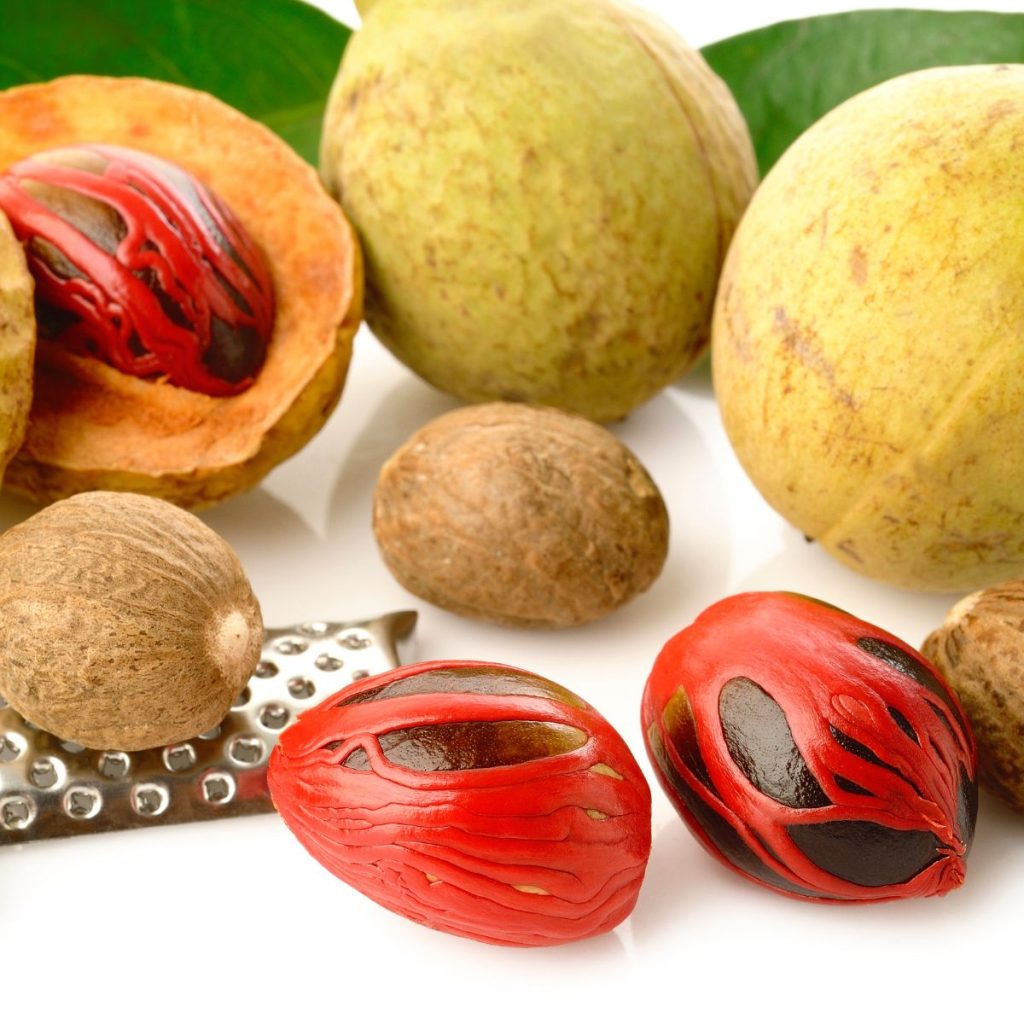 Nutmeg fruit on a table.