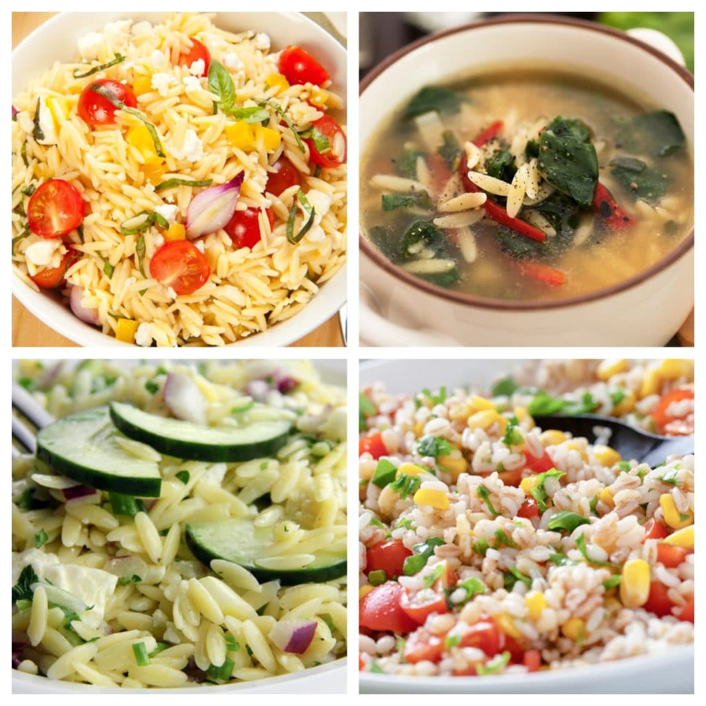 Bowl of soup, zucchini orzo, and tomato orzo. 