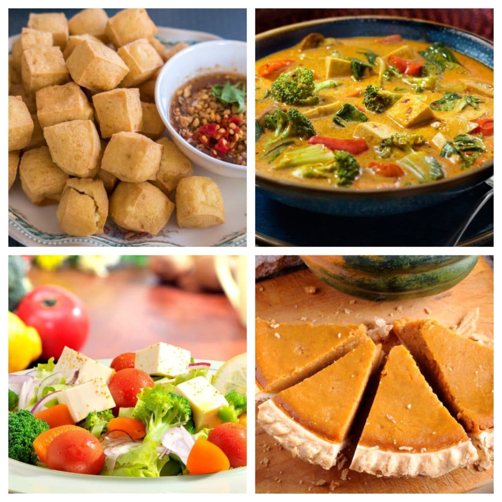 Fried tofu, salad, pumpkin pie slices, and bowl of curry. 