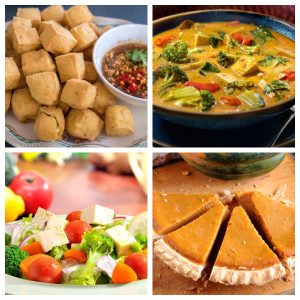 Fried tofu, salad, pumpkin pie slices, and bowl of curry.