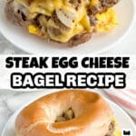Steak, egg, and cheese bagel sandwich.