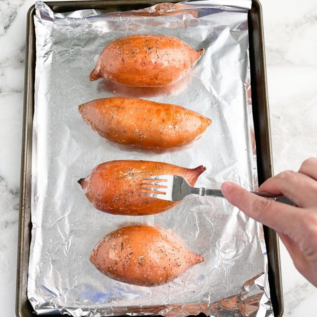 Fork into sweet potatoes. 