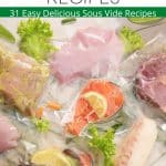 Chicken, salmon, beef in sous vide bags.