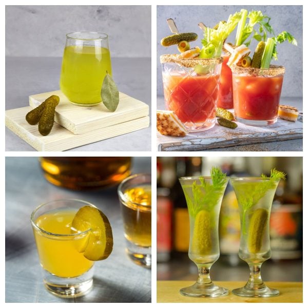Glass with pickle juice, glass with bloody mary, and glasses with clear drink and a pickle.