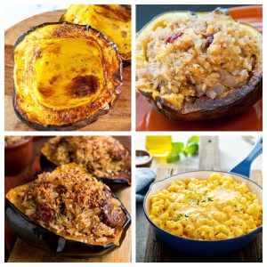 Roasted acorn squash, mac and cheese, and stuffed acorn squash.