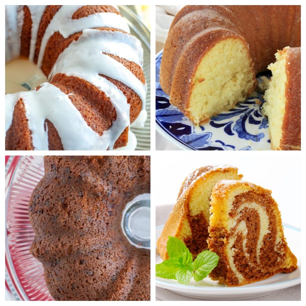 Four different bundt cakes. 