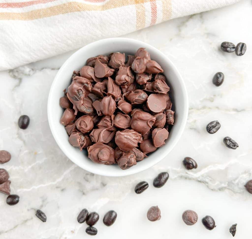 Bowl of chocolate covered espresso beans.