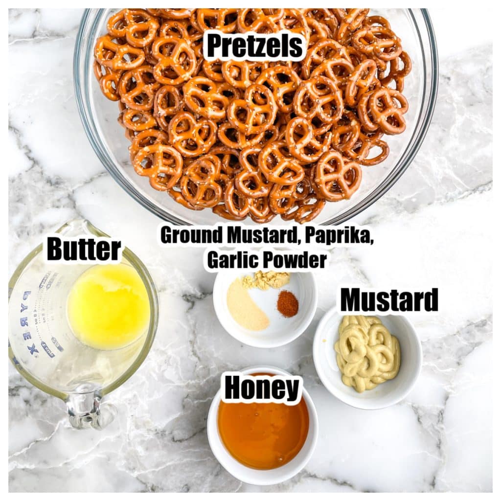 Bowl of pretzels, melted butter, honey, mustard, and spices. 