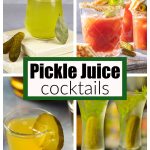 Glass of pickle juice, bloody mary, and shot of juice.