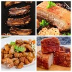 Pork belly on a grill, pork belly bites, and roasted pork belly.