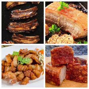 Pork belly on a grill, pork belly bites, and roasted pork belly.
