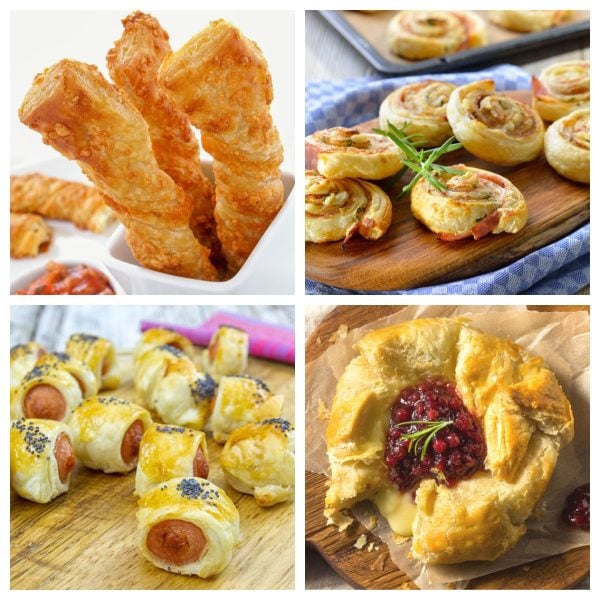 Cheese straws, ham pinwheels, pigs in a blanket, and baked brie.