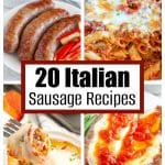 Sausage links on plates and Italian sausage pasta.