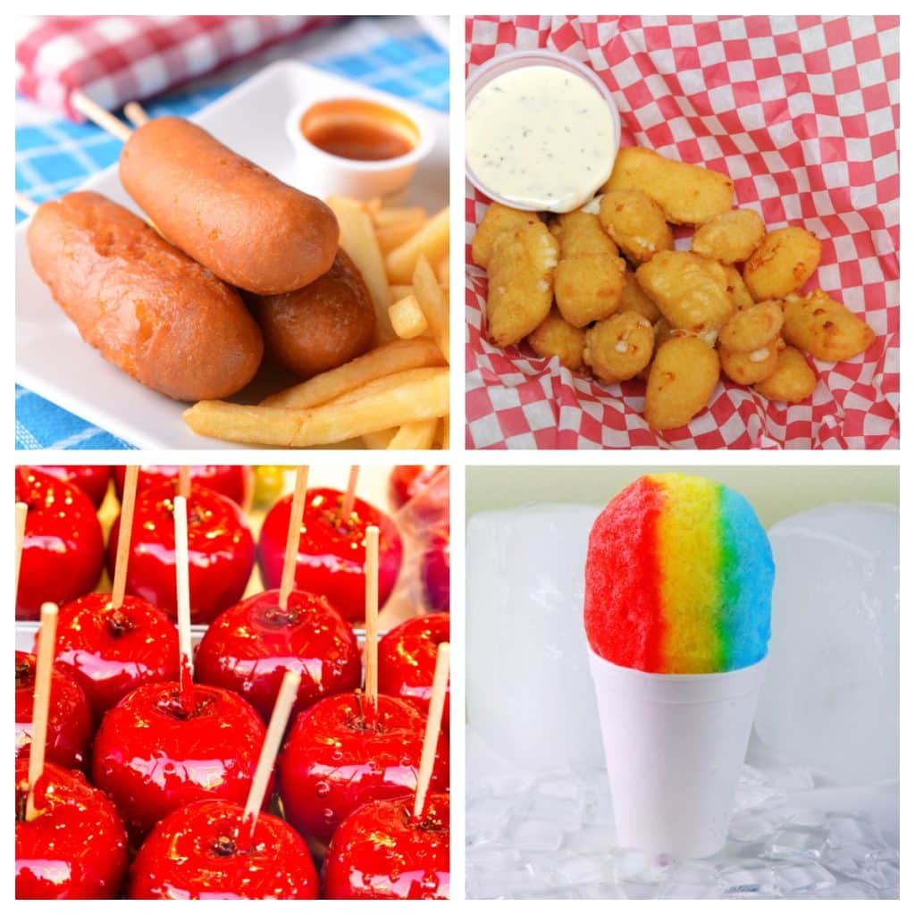 Corn dogs, candy apples, fried cheese, and snow cones. 