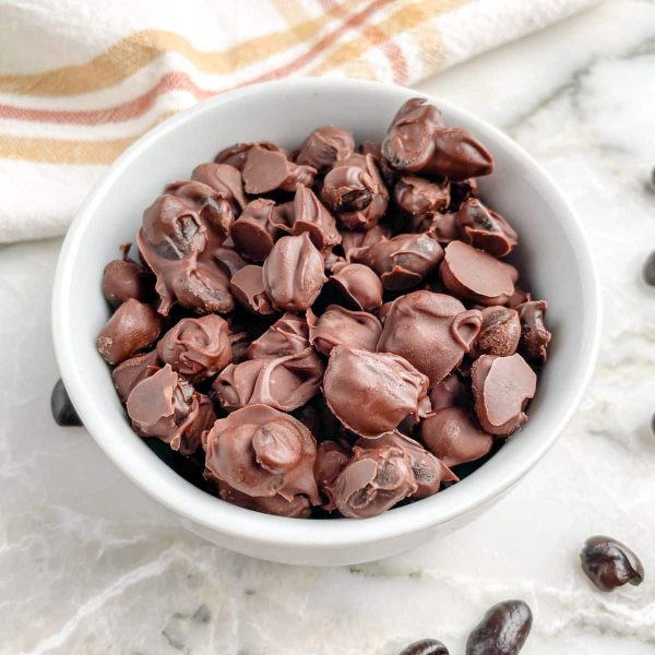 Bowl of chocolate covered espresso beans.