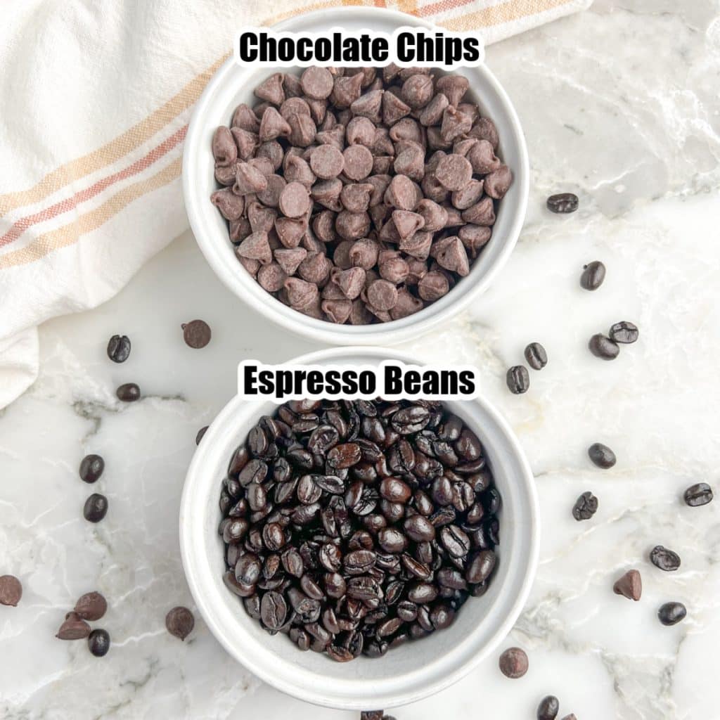 Bowl of chocolate chips and bowl of espresso beans.