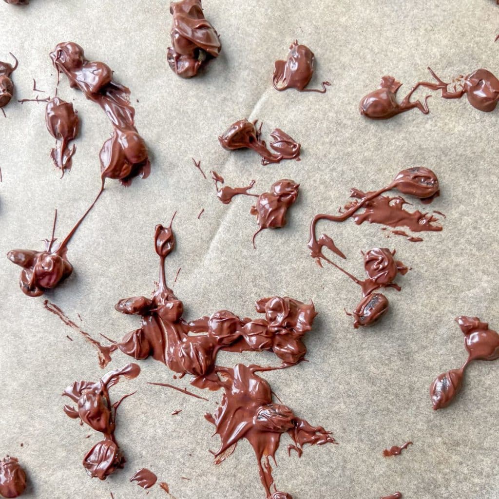 Parchment paper with chocolate covered coffee beans. 