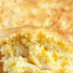 A scoop of corn pudding casserole.