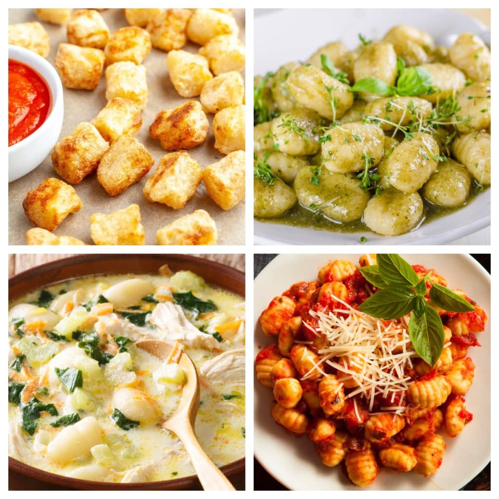 Gnocchi in pesto sauce, marinara, and gnocchi soup. 