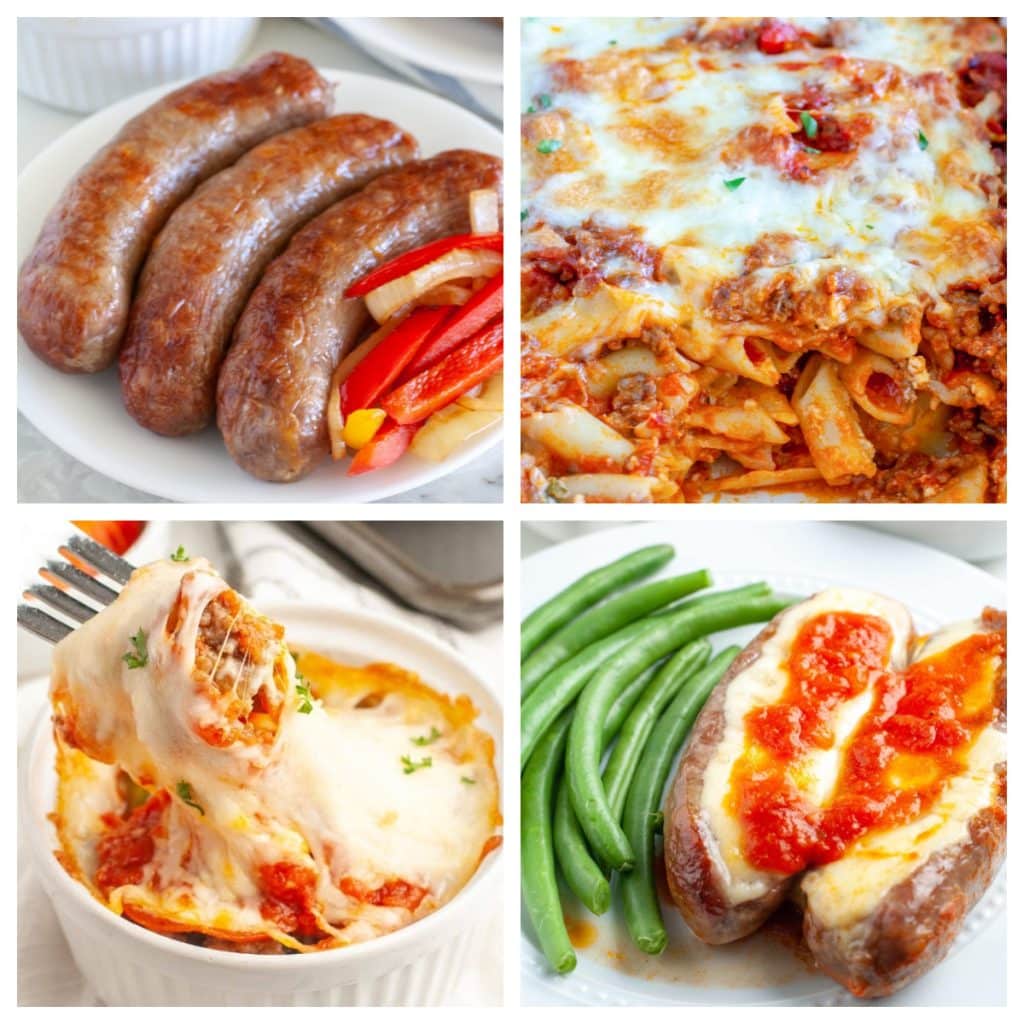 Sausages on a plate, baked pasta, forking lifting up melted cheese. 