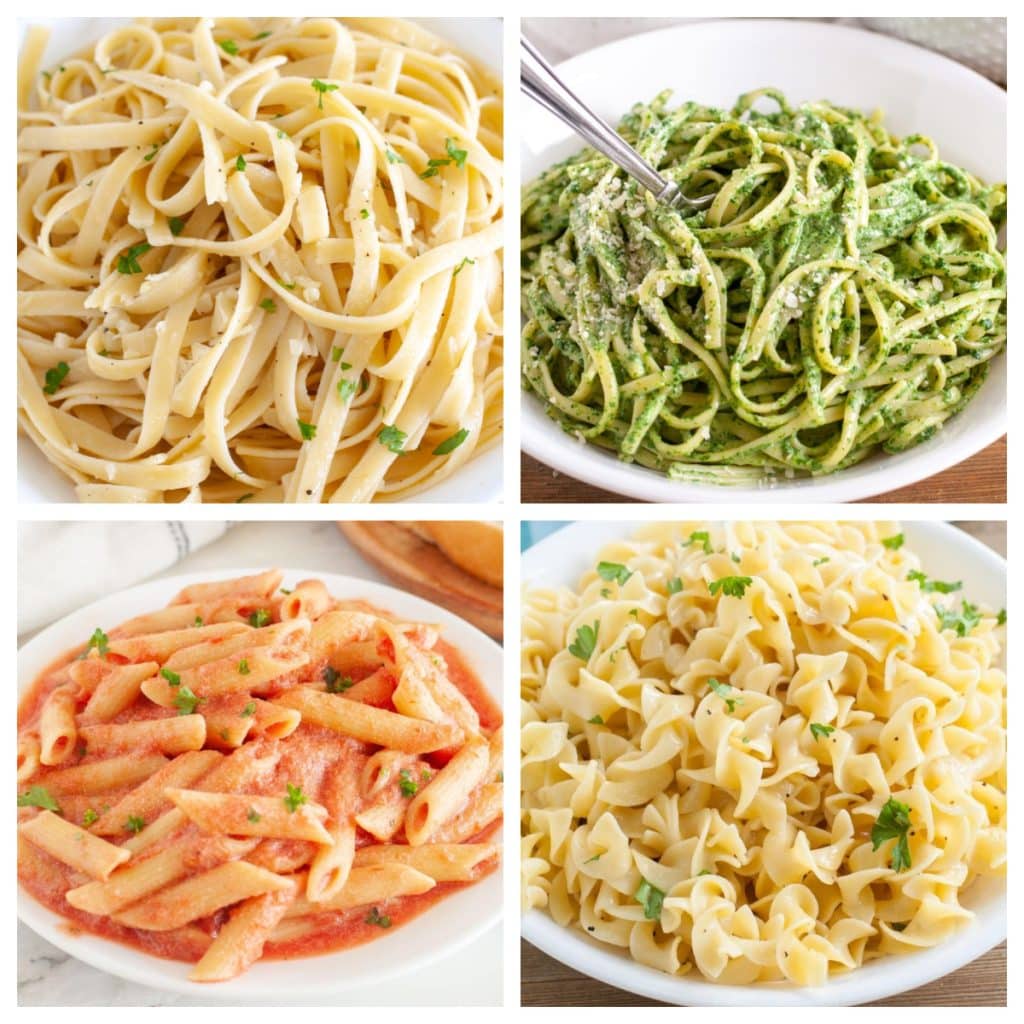 Four bowls of pasta. 