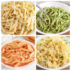 Four bowls of pasta.