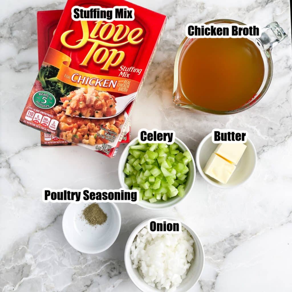 Box of stuffing mix, bowl of chicken broth, diced celery, onion, seasoning, and butter. 