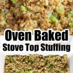 Stuffing in casserole dish.
