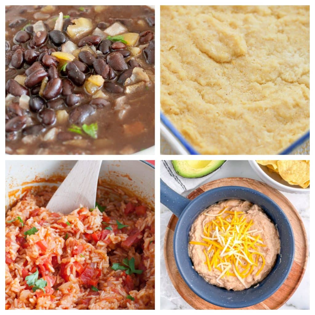 Black beans, corn cake, red rice, and refried beans. 