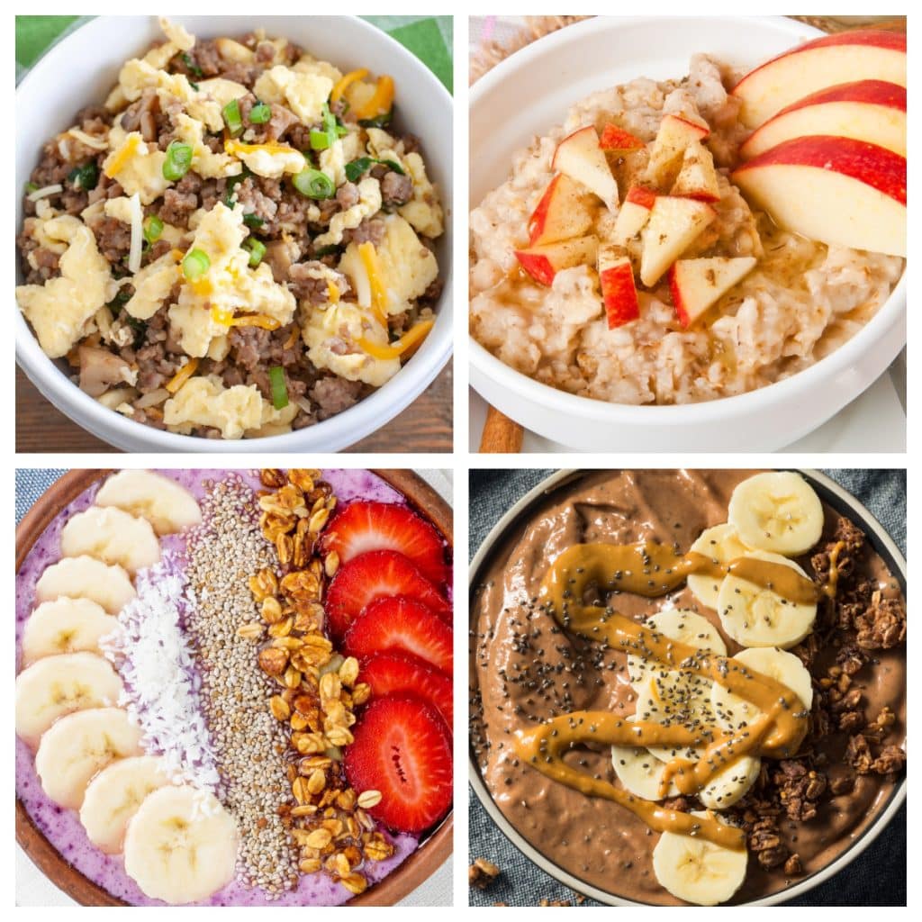 Egg bowl, smoothie bowl, and oatmeal bowl. 