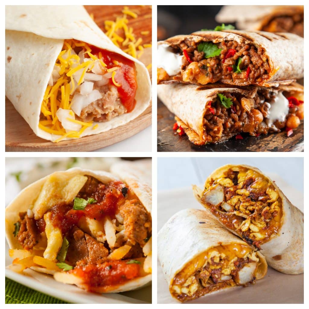 Four different burritos. 