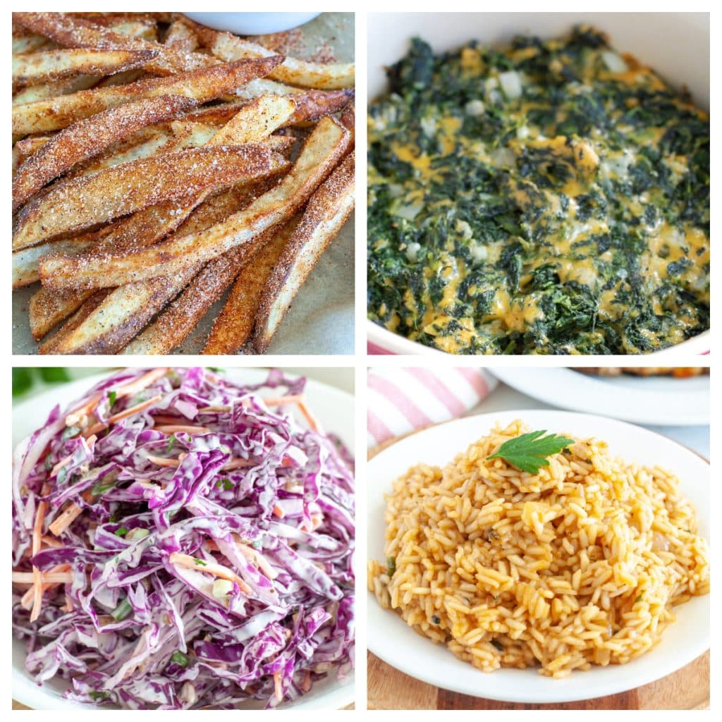 French fries, spinach casserole, slaw, and rice. 