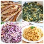French fries, spinach casserole, slaw, and rice.