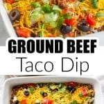 Casserole dish with taco dip Pinterest pin.