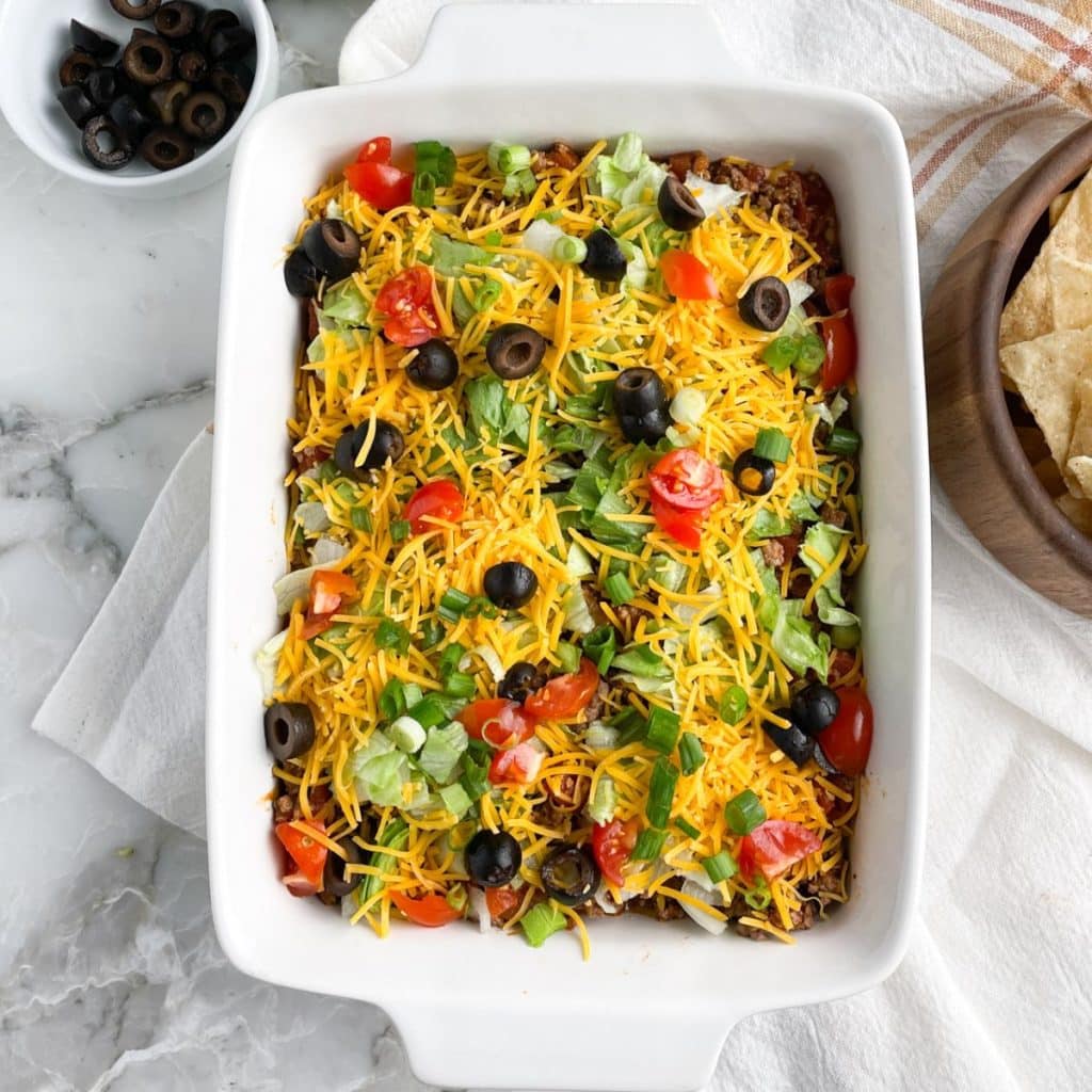 Casserole dish with taco dip.