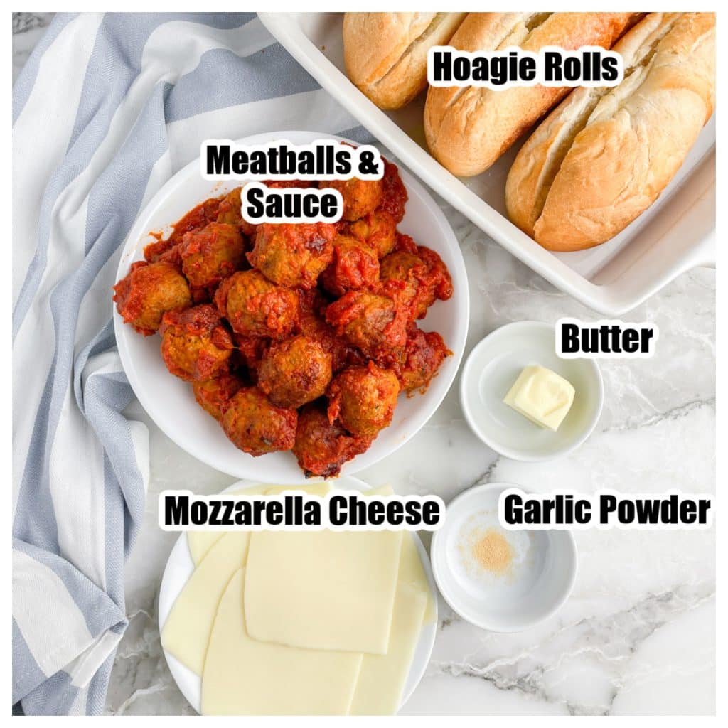 Bowl of meatballs and sauce, bread rolls, plate of mozzarella cheese, and bowl of butter. 