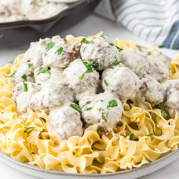 Bowl with egg noodles and Swedish meatballs.